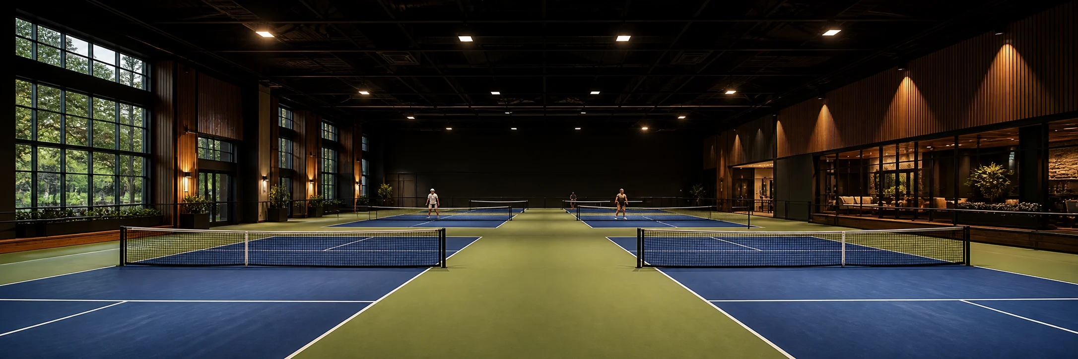 Blue indoor pickleball courts with nets and players