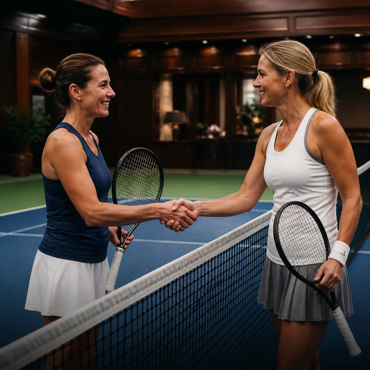 League tennis players meeting at the net