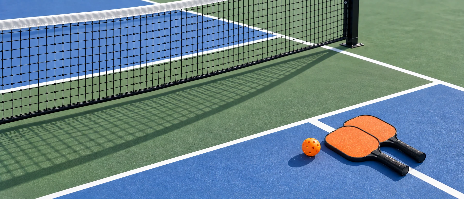 Pickleball paddles and ball on an indoor pickleball court at Grosse Ile Athletic Club