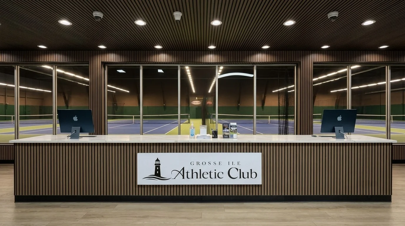 Reception desk overlooking the indoor courts at Grosse Ile Athletic Club